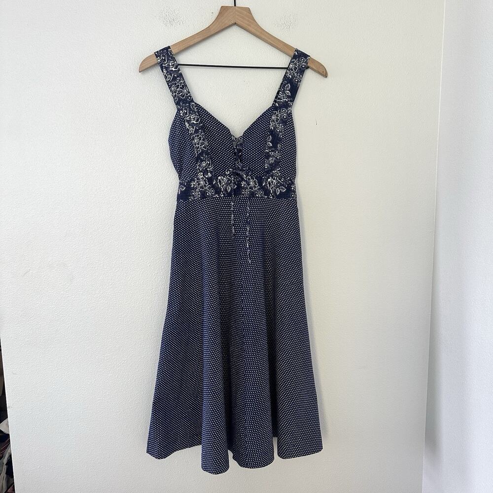 Vintage 60s 70s Cottagecore Sun Dress Blue Lace up Polka dot Size XS Peasant